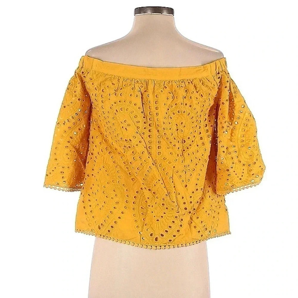 BCBGMAXAZRIA | Golden Yellow Cotton Off-The-Shoulder Eyelet Top Blouse Size XXS - Picture 3 of 3